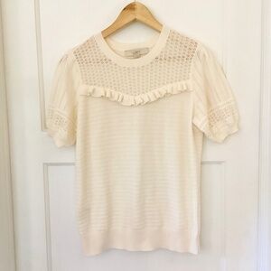 LOFT Puff Sleeve Wool Blend Short Sleeve Lace Ruffled Cream Top size M Feminine